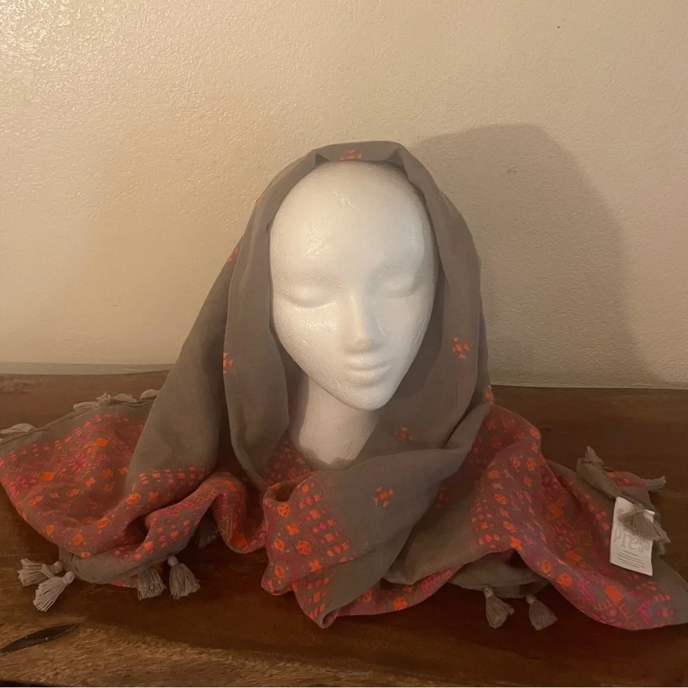 Free Press Gray Coral Pink Boho Tassel Scarf Wrap Shawl One Size